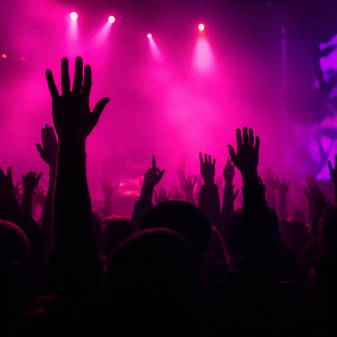 Raised hands silhouetted against neon pink stage lights