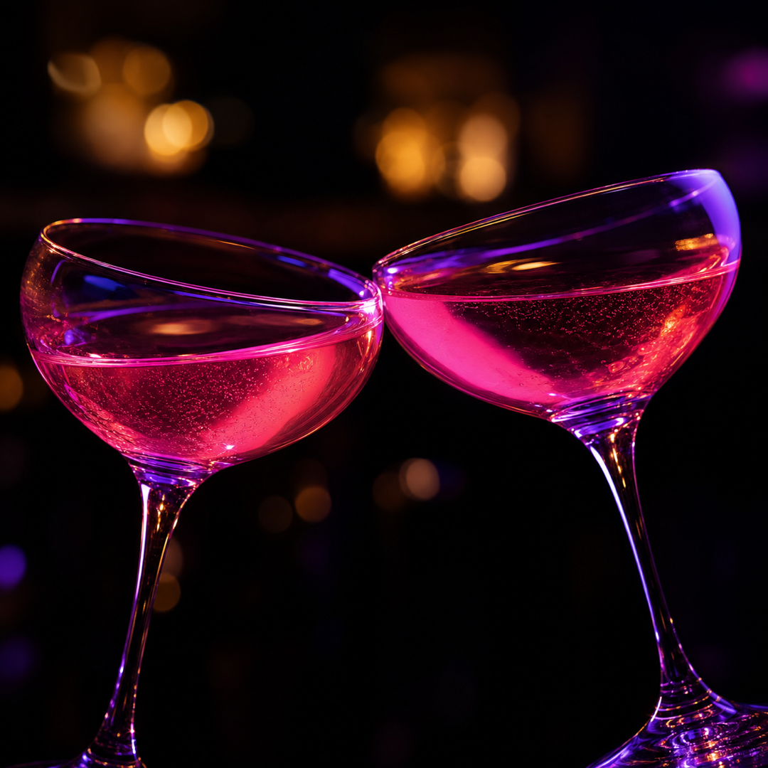 Cocktail glasses clinking in neon pink light