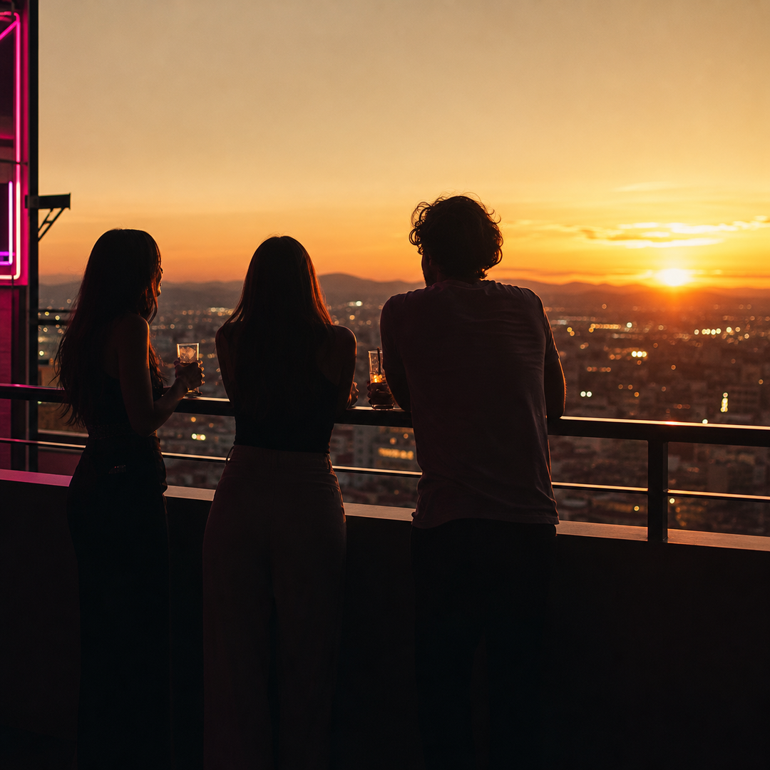 Silhouetted friends on a rooftop at sunset