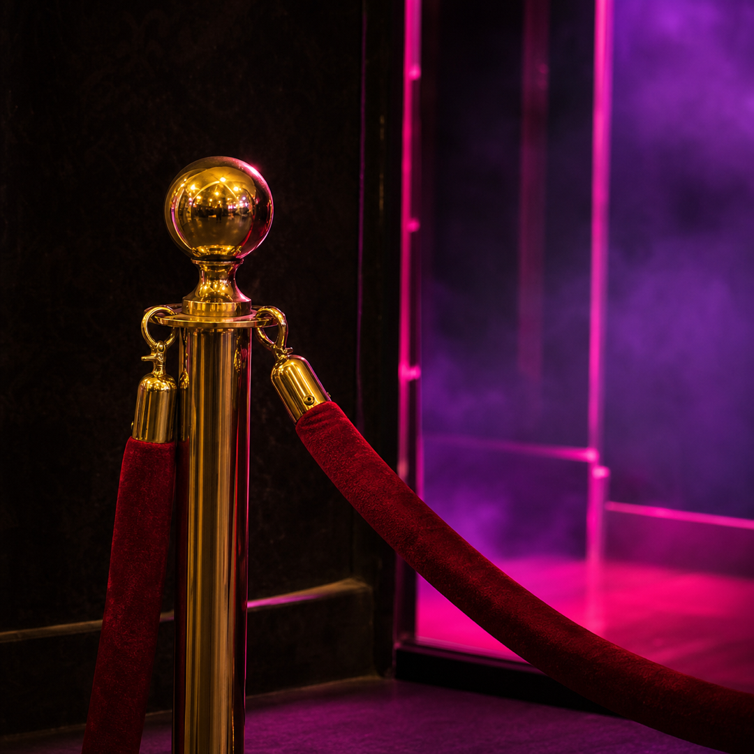 Velvet rope and gold stanchion at a dark venue entrance